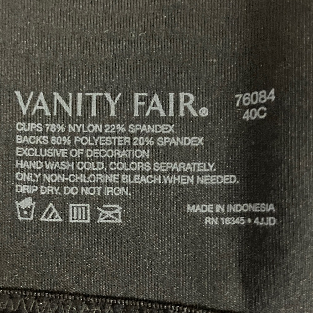 NWT vanity fair black underwire bra 40C style # 76084 - Picture 7 of 7